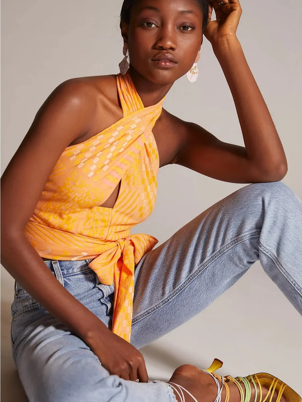 Anthropologie Eva Franco Orange Aztec Halter Wrap Top Crisscross Tie-Waist Top - Picture 3 of 12